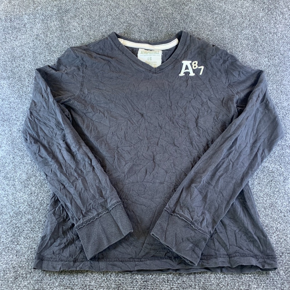 Aeropostale Shirt Mens Large Navy Blue Cotton A87 Embroidered V Neck Long Sleeve